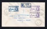 SAINT LUCIA - 1947 - CANCELLATION & REGISTRATION: Registered 'Wells' cover franked with 1946 pair 1d lilac and 3½d blue GVI issue (SG 142/143) tied by three strikes of CANARIES cds dated 31 JA 1947 with boxed registration marking over stuck with a printed blue on white 'ST. LUCIA (CASTRIES)' registration label. Addressed to UK.  (STL43912)