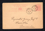SAINT LUCIA - 1899 - POSTAL STATIONERY & DESTINATION: 1d rose on buff QV postal stationery card (H&G 2) used with two strikes of ST. LUCIA 'C' cds dated JA 2 1899. Addressed to HAMILTON, BERMUDA with full commercial message on reverse.  (STL45703)