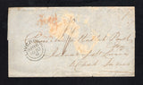 SAINT LUCIA - 1850 - DISINFECTED MAIL & PRESTAMP: Stampless incoming cover from Liverpool with fine LIVERPOOL cds dated AP 16 1850 on front and rated '1/-' in manuscript and sent via London with red LONDON cds dated 17 AP on reverse. Addressed to 'Camille Mallet Parch, Island of St. Lucia, West Indies'. The cover has been disinfected on arrival with vinegar or acid with discolouration on front panel. The disinfection was due to large outbreaks of Cholera in the West Indies at this date.  (STL45706)