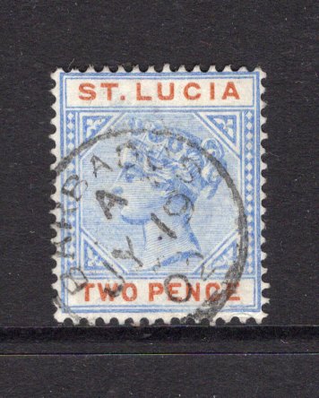 SAINT LUCIA - 1902 - CANCELLATION: 2d ultramarine & orange QV issue used with good strike of BARBADOS cds dated JY 19 1902. (SG 45)  (STL/6543)