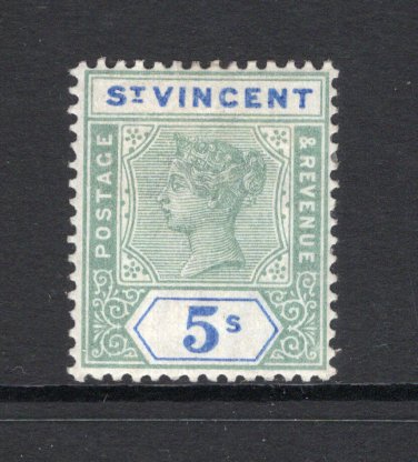 SAINT VINCENT - 1899 - QV ISSUE: 5/- green & blue QV issue, a fine mint copy. (SG 75)  (STV/26005)