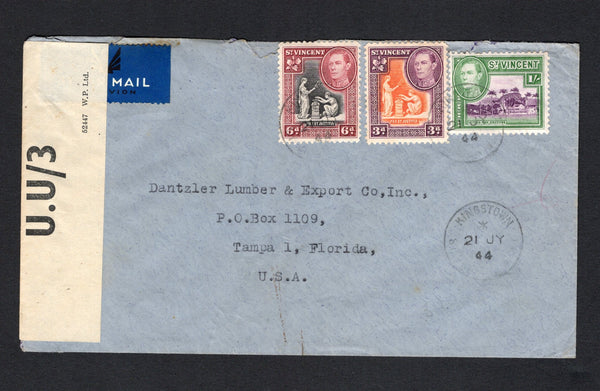 SAINT VINCENT - 1944 - CENSORED MAIL: Airmail cover franked with 1938 3d orange & deep reddish purple, 6d black & lake and 1/- purple & green GVI issue (SG 154 & 155/156) tied by KINGSTOWN cds's dated 21 JY 1944 and censored with printed black & white 'OPENED BY EXAMINER U.U/3' PC90 censor strip at left. Addressed to USA.  (STV43532)