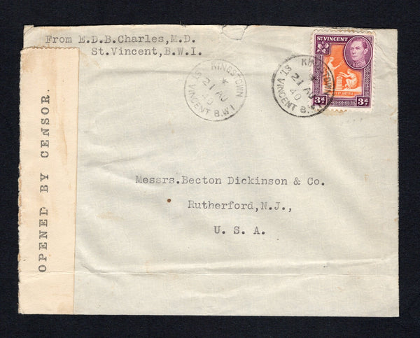 SAINT VINCENT - 1940 - CENSORED MAIL: Cover franked with 1938 3d orange & deep reddish purple GVI issue (SG 154) tied by KINGSTOWN cds dated 21 AU 1940 and censored with printed 'OPENED BY CENSOR' perforated black on white censor strip at left tied by fine strike of straight line 'Passed by Censor No.8' marking in purple on reverse. Addressed to USA. A scarcer censor.  (STV43533)