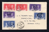 SAINT VINCENT - 1937 - CANCELLATION & INTER-ISLAND MAIL: Cover franked with 1937 2 x 1d violet, pair 1½d carmine and 2 x 2½d blue GVI 'Coronation' issue (SG 146/148) tied by multiple strikes of EDINBORO cds dated 12 MY 1937 (the first day of issue). Addressed to 'I.G. Proverbs Esqr. Knight's Ltd, P.O.Box 195, Barbados. B.W.I.' with BARBADOS GPO arrival mark on reverse.  (STV43534)