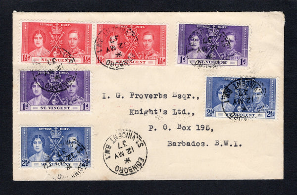 SAINT VINCENT - 1937 - CANCELLATION & INTER-ISLAND MAIL: Cover franked with 1937 2 x 1d violet, pair 1½d carmine and 2 x 2½d blue GVI 'Coronation' issue (SG 146/148) tied by multiple strikes of EDINBORO cds dated 12 MY 1937 (the first day of issue). Addressed to 'I.G. Proverbs Esqr. Knight's Ltd, P.O.Box 195, Barbados. B.W.I.' with BARBADOS GPO arrival mark on reverse.  (STV43534)