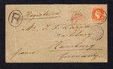 SAINT VINCENT - 1895 - REGISTRATION: Registered cover franked with single 1883 1/- orange vermilion QV issue (SG 45) tied by KINGSTOWN cds dated OC 26 1895 with second strike and 'R' in oval registration marking alongside. Addressed to GERMANY with LONDON transit cds in red on front and German arrival cds on reverse. A superb cover.  (STV43913)