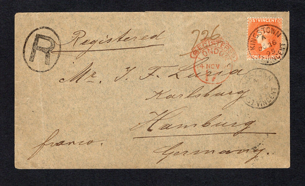 SAINT VINCENT - 1895 - REGISTRATION: Registered cover franked with single 1883 1/- orange vermilion QV issue (SG 45) tied by KINGSTOWN cds dated OC 26 1895 with second strike and 'R' in oval registration marking alongside. Addressed to GERMANY with LONDON transit cds in red on front and German arrival cds on reverse. A superb cover.  (STV43913)