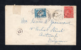 SAINT VINCENT - 1920 - POSTAGE DUE: Cover franked with single 1913 1d red GV issue (SG 109) tied by KINGSTOWN cds's dated 23 NO 1920. Addressed to BELGIUM and taxed on arrival with manuscript 1/30c tax mark and added 1919 30c greenish blue 'Postage Due' (SG D254) tied by ANTWERPEN cds. Small tape mark at left away from stamps & markings.  (STV45711)