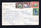 SAINT VINCENT - 1954 - CANCELLATION & POSTCARD: Real photographic PPC 'Port Elizabeth, Bequia, St. Vincent, B.W.I.' franked on message side with 1949 2c blue & lake brown, 4c blue & green, 5c green & purple brown and 6c green & scarlet GVI issue (SG 165, 167a, 168 & 169a) all tied by BEQUIA cds's dated FE 18 1954 with good additional strike alongside. Addressed to UK. A rare commercial card from the island of Bequia.  (STV45712)