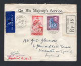 SAINT VINCENT - 1948 - OFFICIAL MAIL & REGISTRATION: Printed 'On His Majesty's Service' registered cover franked with 1938 2/- blue & purple and 1948 1½d scarlet GVI issues (SG 157 & 162) tied by KINGSTOWN cs's dated 30 NO 1948 with printed black on white 'ST. VINCENT' registration label and blue airmail label alongside. Addressed to UK with TRINIDAD transit cds on reverse.  (STV45761)