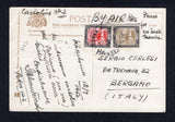 SUDAN - 1950 - POSTCARD: Real photographic PPC 'Sand Storm, Haboob over the Fort, British Barracks' franked on message side with 1927 5m olive brown & black and 10m carmine & black 'Small Camel' issue plus 1950 3½p purple brown & yellow brown AIR issue on picture side (SG 41/42 & 118) tied by SUDAN AIRMAIL KHARTOUM cds's. Addressed to ITALY.  (SUD22601)