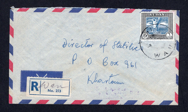 SUDAN - 1960 - REGISTRATION & CANCELLATION: Registered airmail cover franked with single 1951 6pt blue & black (SG 135) tied by WAU cds's with plain blue & white registration label alongside with manuscript 'Wau' added in English. Addressed to KHARTOUM with arrival cds on reverse.  (SUD/22646)