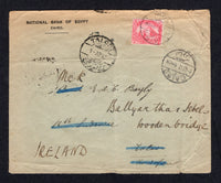 SUDAN - 1912 - MILITARY MAIL & DESTINATION: Printed 'National Bank of Egypt, Cairo' envelope franked with 1888 5m rose carmine 'Sphinx' issue (SG 63) tied by CAIRO cds. Initially addressed to 'E A C Bayly, 16th Sudanese, Talodi, Kordofan' with KHARTOUM transit cds and feint strike of SHELLAL - HAIFA T.P.O. No.2 cds both in black on reverse and TALODI arrival cds reverse and second TALODI despatch cds dated a day later on front. Re-addressed to Woodenbridge, IRELAND with arrival cds also on reverse. The Bri