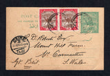 SUDAN - 1913 - POSTAL STATIONERY & CANCELLATION: 2m green 'Camel' postal stationery card (H&G 10) used with added pair 1902 1m brown & carmine 'Camel' issue (SG 18) tied by two light strikes of ATBARA cds dated 22 APR 1913. Addressed to UK with CAIRO transit cds on front.  (SUD35910)