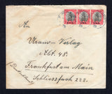 SOUTH WEST AFRICA - 1928 - CANCELLATION: Cover franked with strip of three 1927 1d black & carmine with 'S.W.A.' overprints (SG 59) tied by three strikes of NEUHEUSIS S.W. AFRIKA 'German' style cds dated 23 8 1928. Addressed to GERMANY. Cover has some light overall toning.  (SWA34870)