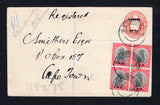 SOUTH WEST AFRICA - 1928 - POSTAL STATIONERY & REGISTRATION: 1d red on white GV postal stationery envelope of South Africa with 'Zuidwest Afrika' overprint (H&G B4a, curved flap) used with added black of four 1927 1d black & carmine 'Ship' issue with 'S.W.A.' overprint (SG 59) tied by multiple strikes of STAMPRIETFONTEIN cds dated 16 OCT 1928 with manuscript registration marking alongside. Addressed to CAPE TOWN, SOUTH AFRICA with transit cds on reverse.  (SWA44658)