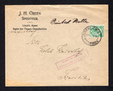 SOUTH WEST AFRICA - 1916 - SOUTH AFRICA USED IN SOUTH WEST AFRICA & CENSORSHIP: Unsealed cover franked with single 1913 ½d green 'GV Head' issue of South Africa (SG 1) tied by SWAKOPMUND cds dated 4 OCT 1915 with boxed 'PASSED BY CENSOR DOORGELATEN DOOR CENSOR' censor marking in purple on front. Addressed to KARIBIB with feint arrival mark on reverse.  (SWA45436)