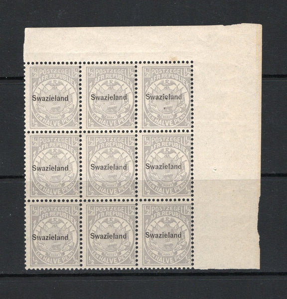 SWAZILAND - 1889 - CLASSIC ISSUES & MULTIPLE: ½d grey with 'Swazieland' overprint in black, perf 12½, a fine mint corner marginal block of nine. (SG 4)  (SWZ44139)