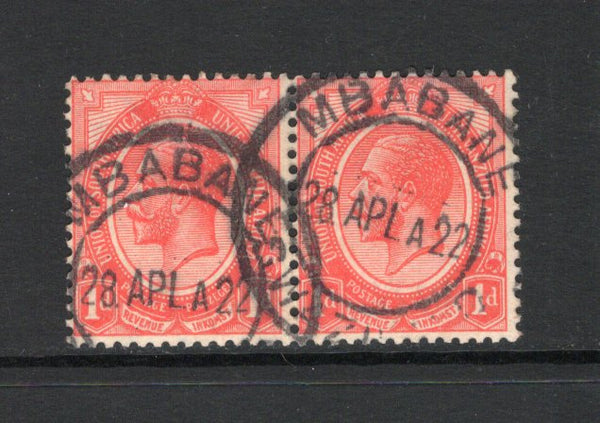 SWAZILAND - 1913 - SOUTH AFRICA USED IN SWAZILAND: 1d scarlet 'GV Head' issue of South Africa, a superb used pair with two strikes of MBABANE cds dated 28 APL 1922. (SG 19a)  (SWZ44140)