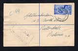 SWAZILAND - 1948 - POSTAL STATIONERY & CANCELLATION: 4d dark red on cream GVI postal stationery registered envelope (H&G C5 with text in ultramarine) used with added 1948 1½d ultramarine GVI issue (SG 46) on reverse tied by MANKAIANA cds dated 1 DEC 1948 with light strike of boxed 'MANKAIANA' registration marking in purple alongside. Addressed to SOUTH AFRICA with arrival cds on front.  (SWZ45722)