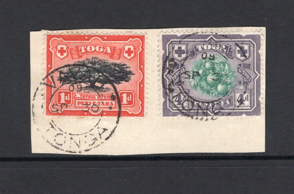 TONGA - 1897 - CANCELLATION: 1d black & scarlet and 4d green & purple tied on small piece by two strikes of VAVAU cds dated SEP 30 1909. (SG 39 & 45)  (TON/41687)