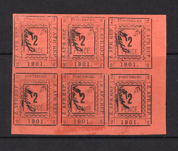 TRANSVAAL - PIETERSBURG - 1901 - PROVISIONAL ISSUE & MULTIPLE: 2d black on orange 'Provisional' issue, a superb unused corner block of six featuring three copies of overprint type 1 and three of type 2 including varieties 'NO STOP AFTER AFR' and 'DROPPED P IN PENCE'. Imperf with controllers initials in black on each stamp. The block has a little staining and a tiny 1mm tear at top right. A rare multiple of this issue. (SG 8, 8f, 9 & 9h)  (TRA/34562)