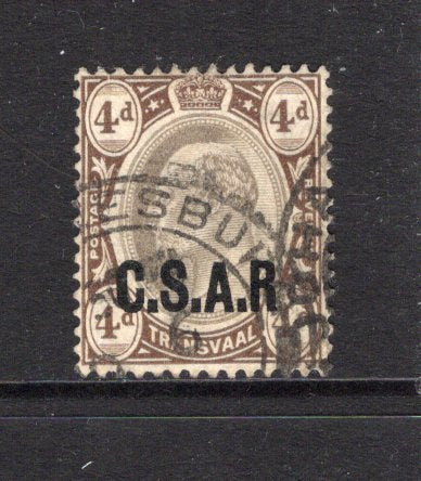 TRANSVAAL - 1905 - RAILWAY OFFICIAL ISSUE: 4d grey black & brown EVII issue with 'C.S.A.R.' overprint in black for OFFICIAL use on the Central Southern African Railways. A fine used copy with JOHANNESBURG cds. (SG RO7)  (TRA/43047)