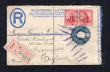 TRINIDAD & TOBAGO - 1919 - POSTAL STATIONERY & CANCELLATION: 2d blue on creamy white GV postal stationery registered envelope (H&G C1, size F) used with added pair 1913 1d red (SG 150a) tied by good strike of GUANAPO cds with printed red & white 'TRINIDAD' registration label alongside. Addressed to UK with various transit & arrival marks on front & reverse. A scarcer origination.  (TRI27414)