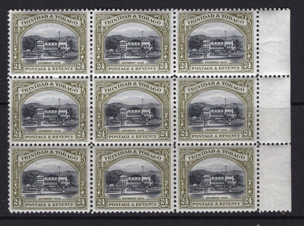TRINIDAD & TOBAGO - 1935 - MULTIPLE: 24c black & olive 'Pictorial' issue, perf 12, a fine unmounted mint side marginal block of nine. (SG 236)  (TRI/32728)