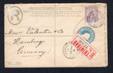TRINIDAD & TOBAGO - 1897 - POSTAL STATIONERY, REGISTRATION & CANCELLATION: 2d blue QV postal stationery registered envelope (H&G C7a) used with added 1896 2½d dull purple & blue (SG 117) with printed red on white registration label alongside both tied by fine SANGREGRANDE cds's dated AUG 15 1900. Addressed to GERMANY with transit & arrival cds's on reverse.  (TRI35625)