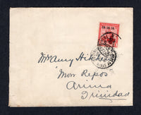 TRINIDAD & TOBAGO - 1916 - RED CROSS ISSUE & LOCAL POST: Cover franked with single 1916 1d scarlet with Red Cross '19.10.16' overprint (SG 175) tied by PORT OF SPAIN cds dated OCT 27 1916. Addressed locally to ARIMA with arrival cds dated the same day on reverse. A scarce commercial single franking.  (TRI/41817)