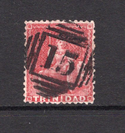 TRINIDAD & TOBAGO - 1863 - CANCELLATION: 1d lake 'Britannia' issue, watermark 'Crown CC', perf 12½, a fine used copy with complete strike of numeral '15' cancel of TACARIGUA. (SG 69)  (TRI/42039)