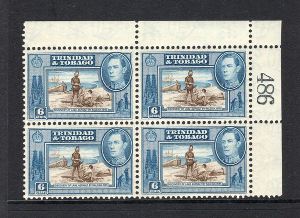 TRINIDAD & TOBAGO - 1938 - MULTIPLE: 6c sepia & blue GVI issue, a fine unmounted mint corner marginal block of four with '486' sheet number handstamp in margin. (SG 250)  (TRI/42520)