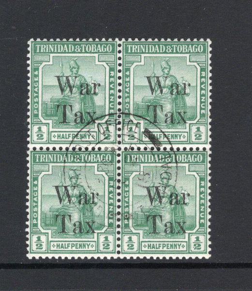 TRINIDAD & TOBAGO - 1918 - MULTIPLE: ½d bluish green 'War Tax' overprint, a fine cds used block of four. (SG 187)  (TRI43757)