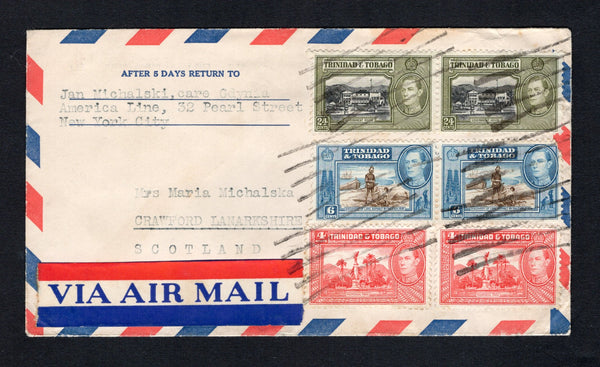 TRINIDAD & TOBAGO - 1942 - UNDERCOVER MAIL: Circa 1942. Airmail cover with typed 'Jan Michalski, care Gdynia, America Line, 32 Pearl Street, New York City' return address at top (this was the undercover address for the Merchant Navies of occupied Europe) franked with 1938 2 x 4c scarlet, pair 6c sepia & blue and pair 24c black & olive green GVI issue (SG 249a, 250 & 253) tied by dumb 'Lines' cancels to disguise the location from where the letter was mailed. Addressed to UK.  (TRI43918)