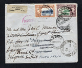 TRINIDAD & TOBAGO - 1941 - CANCELLATION & DESTINATION: Cover franked with 1938 2c blue & yellow brown and 3c green & purple brown GVI issue (SG 247 & 248a) tied by LA BREA cds's dated 26 NOV 1941. Addressed to APAPA, NIGERIA with arrival cds's on front & reverse dated 23 FEB 1942 and censored on arrival with small semi-circle 'CENSOR' marking in red on front. The cover was then re-directed to CAPE TOWN, SOUTH AFRICA with an arrival cds dated 30. III> 1942 on front. An unusual and interesting cover  (TRI452