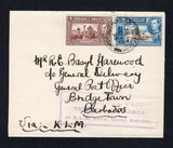 TRINIDAD & TOBAGO - 1938 - FIRST FLIGHT: Cover with manuscript 'Via K.L.M.' franked with 19384c chocolate and 6c sepia & blue GVI issue (SG 249 & 250) tied by G.P.O. PORT OF SPAIN cds dated OC 19 1938. Flown on the Port of Spain - Bridgetown, Barbados first flight with boxed 'FIRST AIRMAIL FLIGHT TRINIDAD - BARBADOS BY K.L.M. ROYAL DUTCH AIRLINES' first flight cachet in purple on front. Addressed to BARBADOS with arrival cds on reverse. (Muller #54)  (TRI45623)