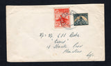 TRISTAN DA CUNHA - 1948 - LOCAL ISSUE & COMBINATION MAIL: Cover with printed 'H.M.S.A.S. GOOD HOPE' ship insignia in blue on flap franked on front with South Africa 1931 1½d blue green & yellow buff 'Gold Mine' issue (SG 87) and 1946 '1d / 4 Potatoes' carmine red 'Penguin & Flag' LOCAL issue, original printing both tied by fine strike of  'TRISTAN DA CUNHA' type VI cachet (SG C8) in black. Addressed to UK. The South African frigate H.M.S.A.S. Good Hope visited Tristan da Cunha in January 1948 to collect is