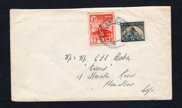TRISTAN DA CUNHA - 1948 - LOCAL ISSUE & COMBINATION MAIL: Cover with printed 'H.M.S.A.S. GOOD HOPE' ship insignia in blue on flap franked on front with South Africa 1931 1½d blue green & yellow buff 'Gold Mine' issue (SG 87) and 1946 '1d / 4 Potatoes' carmine red 'Penguin & Flag' LOCAL issue, original printing both tied by fine strike of  'TRISTAN DA CUNHA' type VI cachet (SG C8) in black. Addressed to UK. The South African frigate H.M.S.A.S. Good Hope visited Tristan da Cunha in January 1948 to collect is
