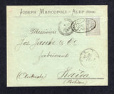 TURKEY - SYRIA - 1898 - CANCELLATION: Cover franked with 1892 1pi dull blue (SG 143) tied by fine strike of large oval 'Arabic' ALEPPO cancel in black with ALEP cds alongside. Addressed to AUSTRIA with CONSTANTINOPLE transit cds on front and AUSTRIAN arrival mark on reverse. Fine & Scarce.  (TUR22933)