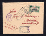 TURKEY - 1915 - REGISTRATION & CANCELLATION: TURKEY IN EUROPE: Cover franked with single 1914 2pi black & green with small 'Star' overprint (SG 520) tied by fine MAKRI-KEUI cds with boxed 'UPU TURQUIE R' cachet and oval 'R' marking in purple. Addressed to GERMANY with boxed censor marking and red & white Arabic censor seal on reverse with arrival marks. Very fine.  (TUR7751)