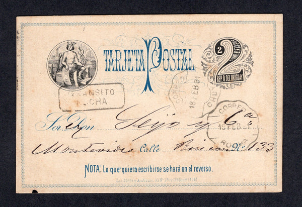 URUGUAY - 1881 - CANCELLATION & INSTRUCTIONAL MARK: 2c black & blue postal stationery card (H&G 1) used with fine CHUY cds. Addressed to MONTEVIDEO with boxed 'TRANSITO ROCHA' marking and ROCHA transit cds on front and MONTEVIDEO arrival cds on reverse.  (URU/10767)