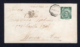 URUGUAY - 1885 - CANCELLATION & SWISS COLONY: 5c green postal stationery envelope (H&G B10c) used with fine strike of CORREO NUEVA HELVECIA cds of the Swiss Colony in Uruguay. Addressed to ARGENTINA with BUENOS AIRES arrival cds's on reverse.  (URU10779)