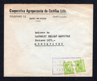 URUGUAY - 1972 - PRIVATE BUS COMPANIES: Circa 1972. Cover franked with pair 1972 75p apple green (SG 1521) tied by boxed 'O.N.D.A. S.A  AGENCIA No. 76 CASTILLOS' cancel of Organización Nacional de Autobuses. Addressed to MONTEVIDEO with black on yellow 'ONDA S.A. CASTILLOS MONTEVIDEO 1o R' label attached on reverse.  (URU/19936)