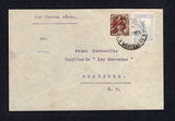 URUGUAY - 1921 - PIONEER AIRMAILS: Cover with typed 'Por Correo Aereo.' inscription franked with 1921 5c ultramarine and 1921 25c brown with 'CORREO AEREO' plane overprint in red (SG 386 & 376) the latter used on the second day of issue tied by MONTEVIDEO cds dated 12 NOV 1921 flown on the MONTEVIDEO - MERCEDES survey flight by 'Brunet'. Smudgy arrival cds dated 13 NOV on reverse. Rare. (Muller #4, rated 3000 pts)  (URU23577)