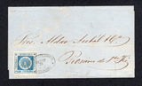 URUGUAY - 1862 - CLASSIC ISSUES: Cover franked with fine four margin 1860 120c blue 'Montevideo' SUN issue, thick figures of value (SG 18) tied by fine strike of oval ADMON DE CORREOS MONTEVIDEO cancel in black dated SET 25 1862. Addressed to ROSARIO, ARGENTINA. A lovely cover. 2016 Carlos Hernandez Rochas certificate accompanies.  (URU26886)