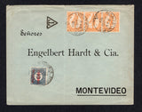 URUGUAY - 1904 - POSTAGE DUE: Cover franked with strip of three 1904 5m orange (SG 251a) tied by MONTEVIDEO cds's. Addressed within MONTEVIDEO and taxed on arrival with 'T' in triangle marking and added 1904 1c on 10c blue 'Postage Due' issue (SG D267) tied by large OFICINA DE TASA MONTEVIDEO cds.  (URU/26890)