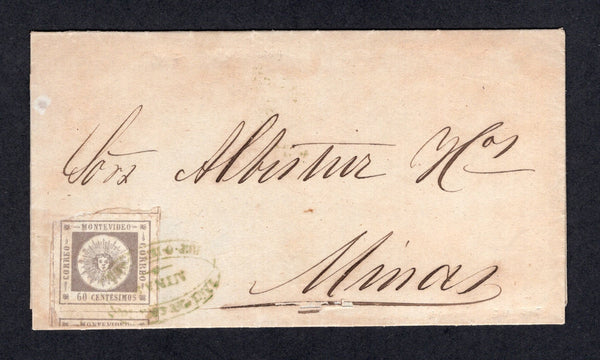 URUGUAY - 1859 - CLASSIC ISSUES & CANCELLATION: Complete folded letter franked with 1859 60c grey lilac 'Montevideo' SUN issue, thin figures of value (SG 8a, four good to large margins) tied by undated oval MINAS cancel in green. Addressed locally within MINAS. Scarce. 1981 Fausto Diaz Paulos certificate accompanies.  (URU/30966)