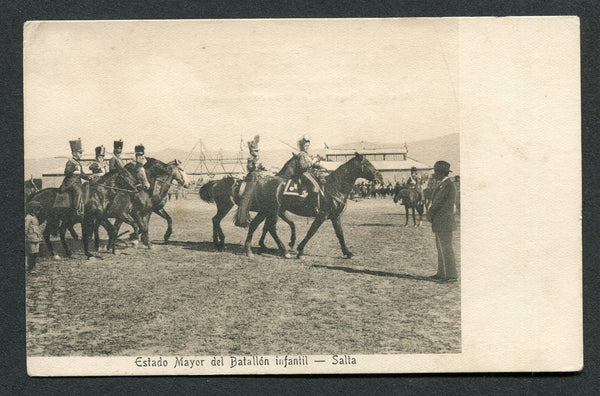 URUGUAY - 1910 - POSTCARD & MILITARY: Circa 1910. Black & white PPC 'Estado Mayor del Batallon Infantil - Salta' showing soldiers on horseback. Fine unused.  (URU/30974)