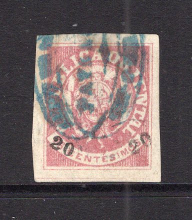 URUGUAY - 1866 - PROVISIONALS: 20c on 6c rose 'Arms' PROVISIONAL SURCHARGE issue a superb copy with four huge margins used with large part strike of oval PAYSANDU cancel in blue. Small thin on reverse but scarce stamp genuinely used. (SG 27a)  (URU/3318)